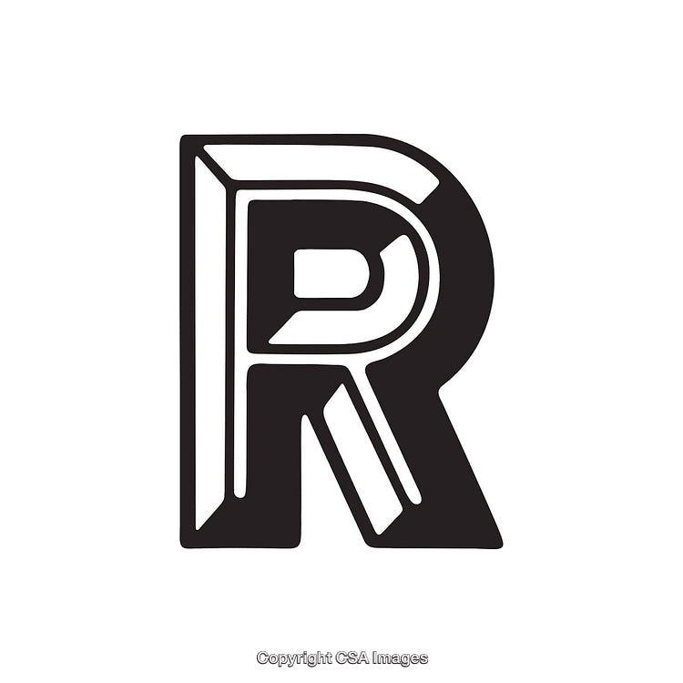 Stylized Black and White Letter R with Bold 3D Design
