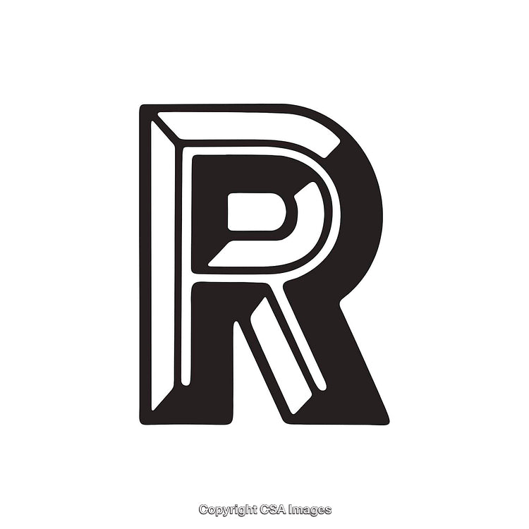Stylized Black and White Letter R with Bold 3D Design