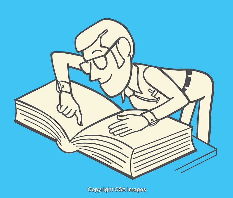 Retro Style Illustration of Man Reading a Large Book on a Table