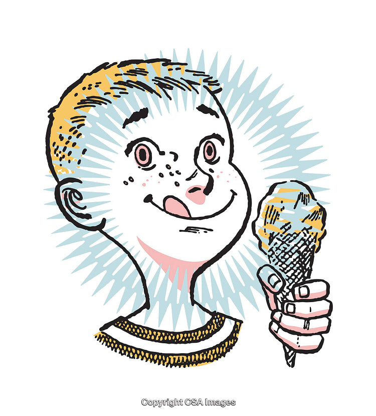 Cheerful Boy Enjoying a Tasty Ice Cream Cone in Hand-Drawn Illustration