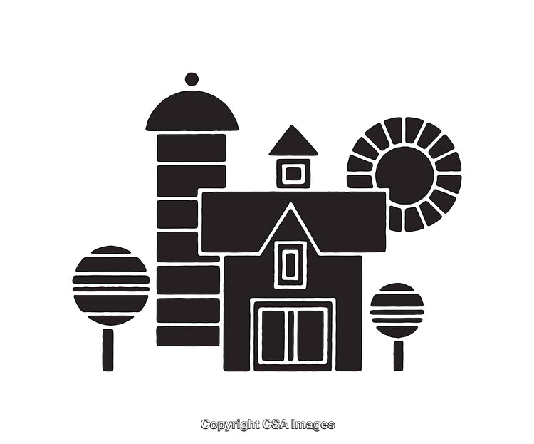 Black and White Illustration of a Farmhouse with Silhouettes and Trees