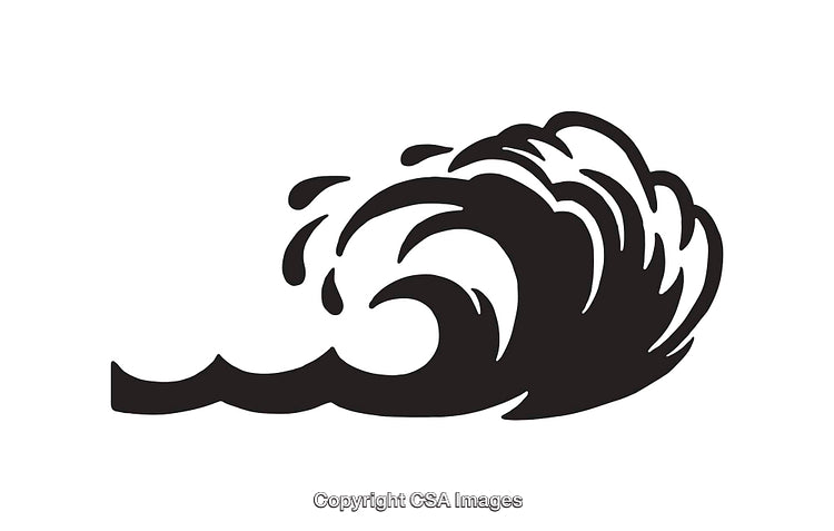 Stylized Black and White Line Drawing of a Rolling Ocean Wave