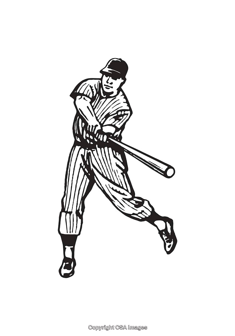 Black and White Line Art of a Baseball Player Hitting