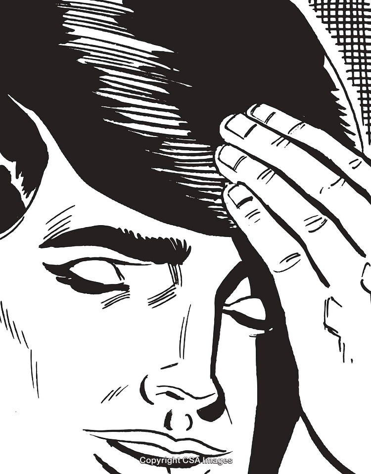 Black and White Illustration of a Pensive Person Touching Their Hair