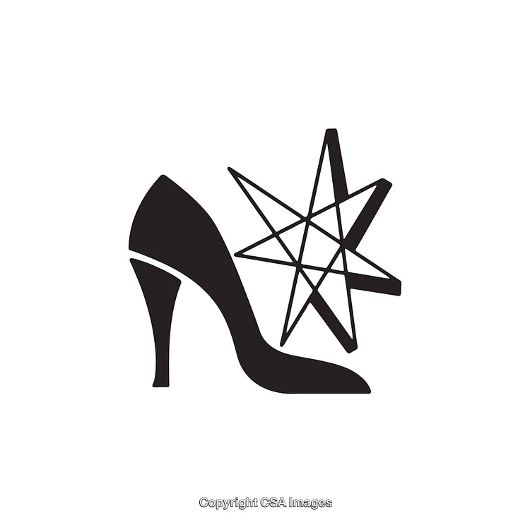 Black and White Icon of High Heel Shoe with Decorative Abstract Element