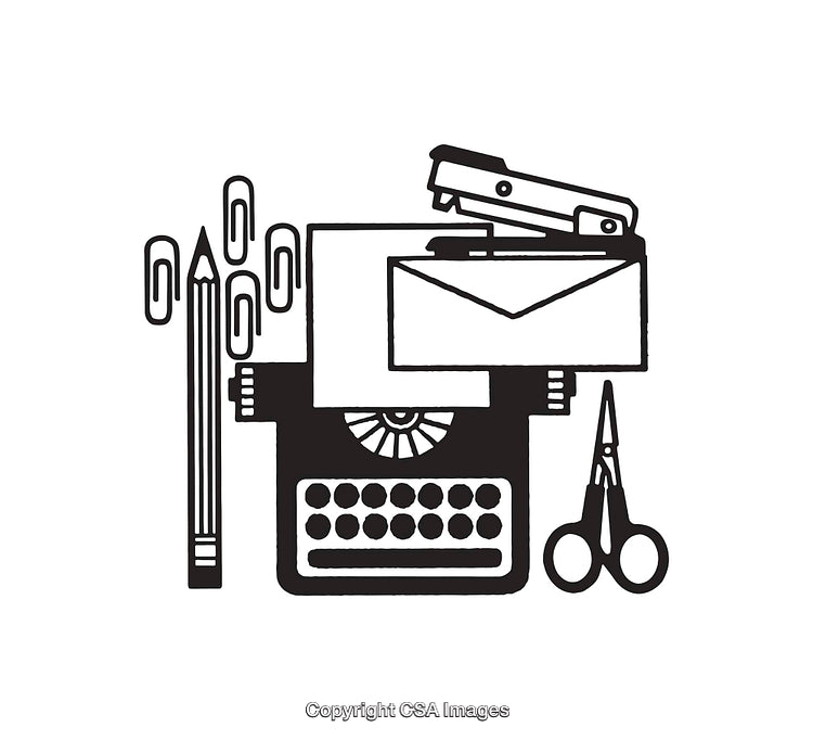 Vintage Typewriter With Office Supplies in Black and White Line Art