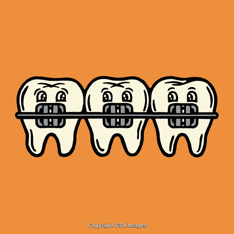 Colorful Illustration of Teeth with Braces on Orange Background