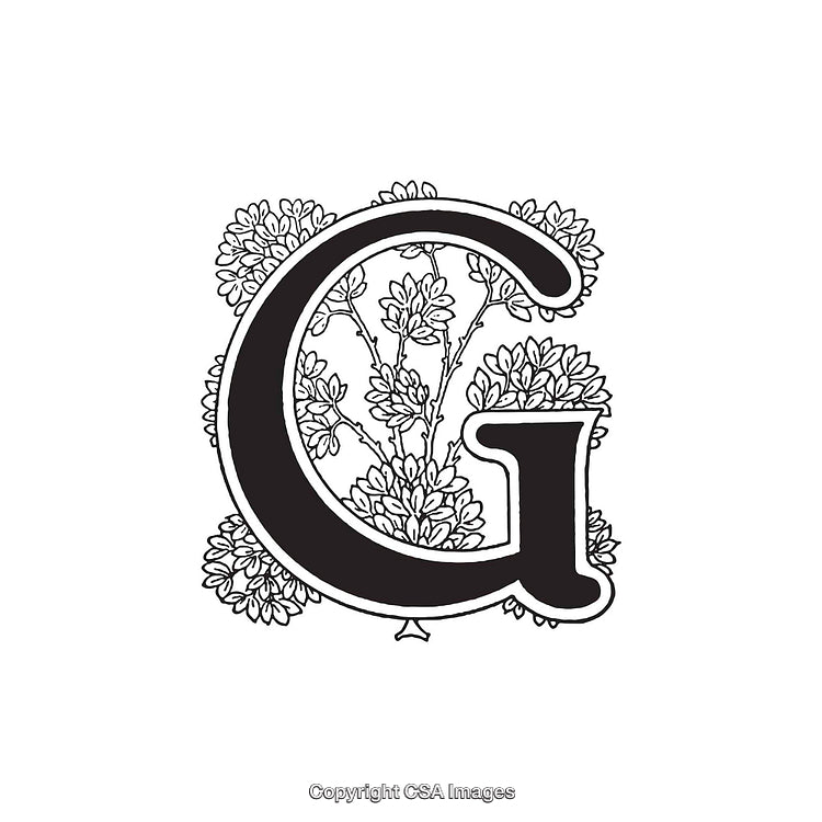 Decorative Letter G with Floral Design in Black and White