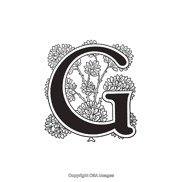 Decorative Letter G with Floral Design in Black and White