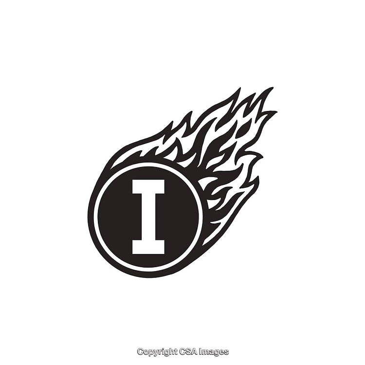 Flaming Circular Emblem with Letter I Inside Fiery Design