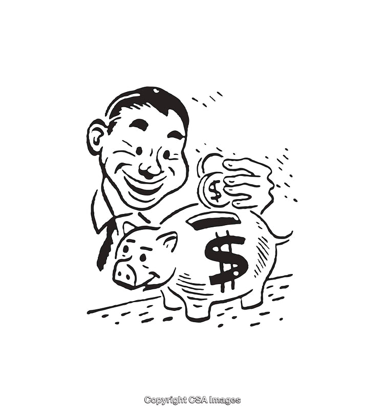 Black and White Illustration of Man Saving Money in Piggy Bank