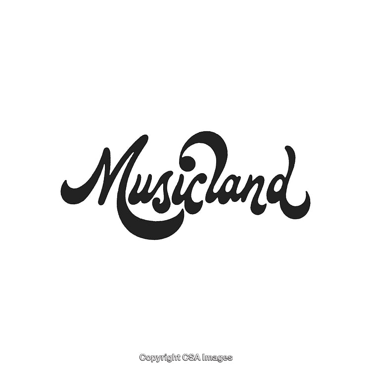 Elegant Black Script Logo Featuring the Word 'Musicland' in Curved Typography