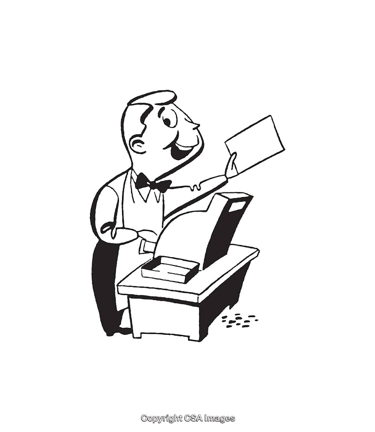 Retro Black and White Illustration of a Happy Cashier at a Register