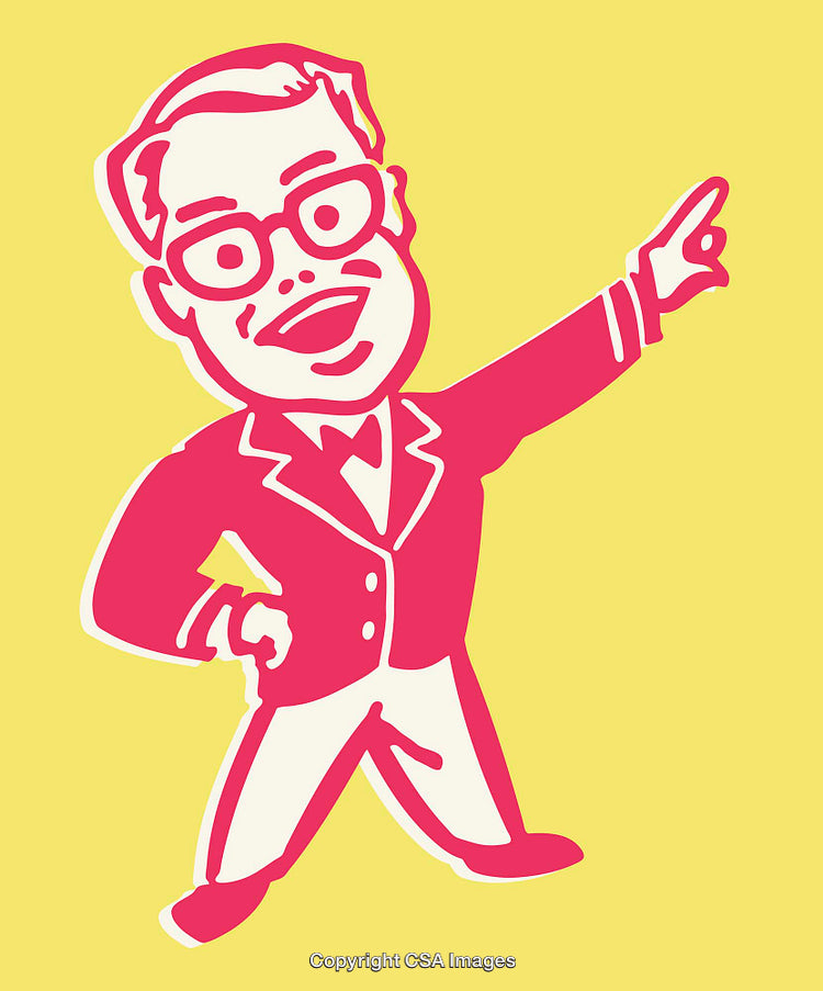 Colorful Cartoon Character Illustration of an Excited Businessman Pointing Up