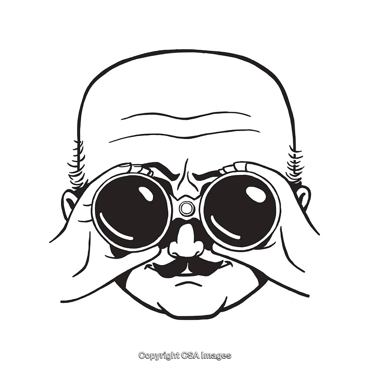 Black and White Illustration of a Character Observing Through Binoculars