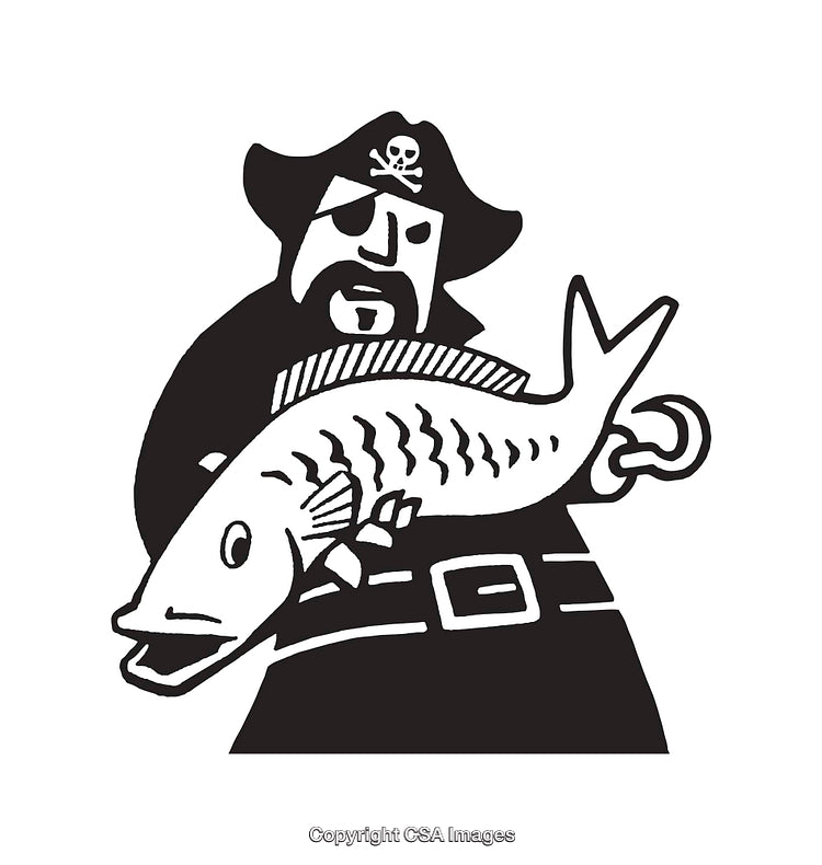 Black and White Pirate Line Art Illustration Holding a Large Fish