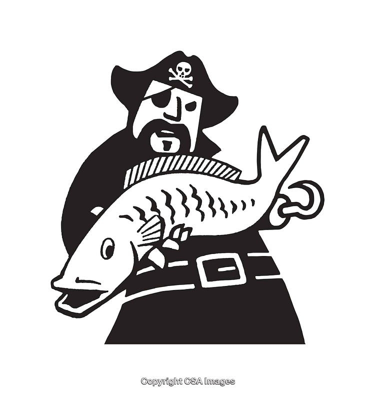 Black and White Pirate Line Art Illustration Holding a Large Fish