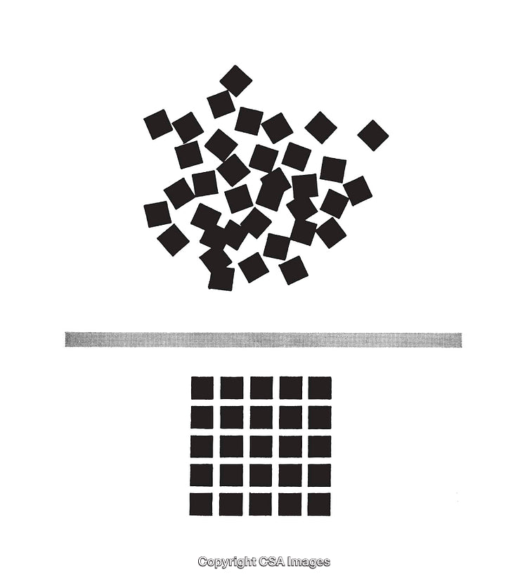 Abstract Black-and-White Diagram with Scattered and Organized Shapes
