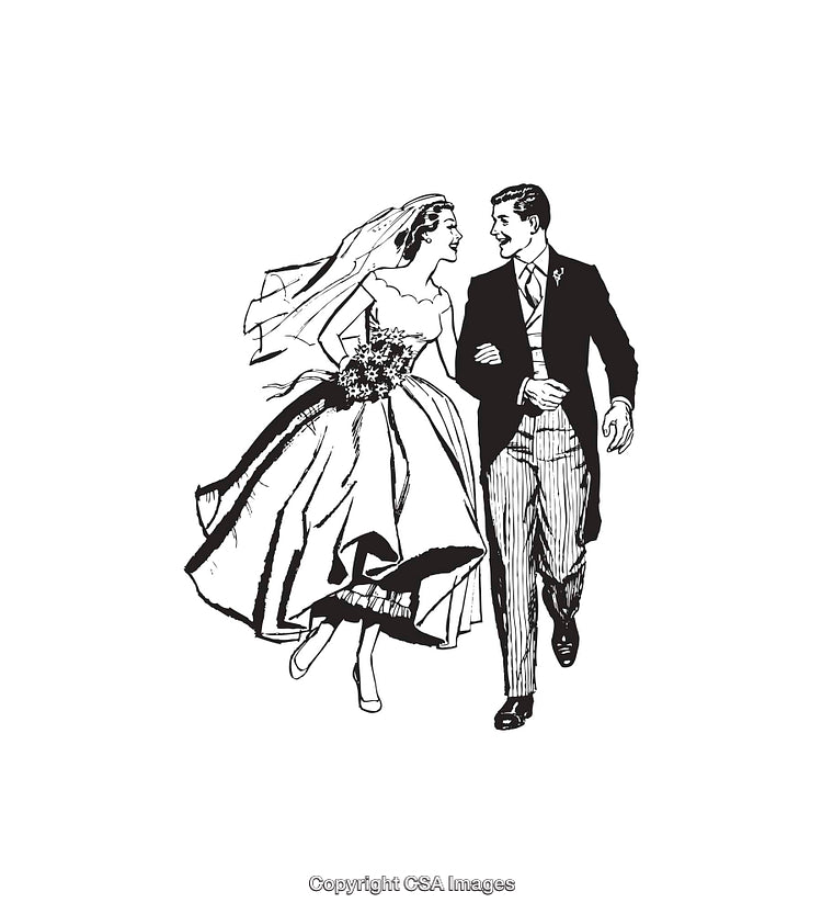 Vintage Line Art of a Smiling Bride and Groom on Wedding Day