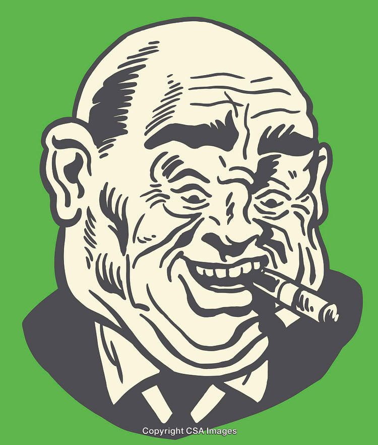 Stylized Bald Man Smoking Cigar Retro Artwork on Green Background