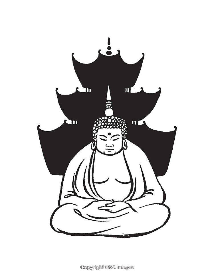 Black and White Buddhist Illustration of Meditating Buddha with Symbolic Background