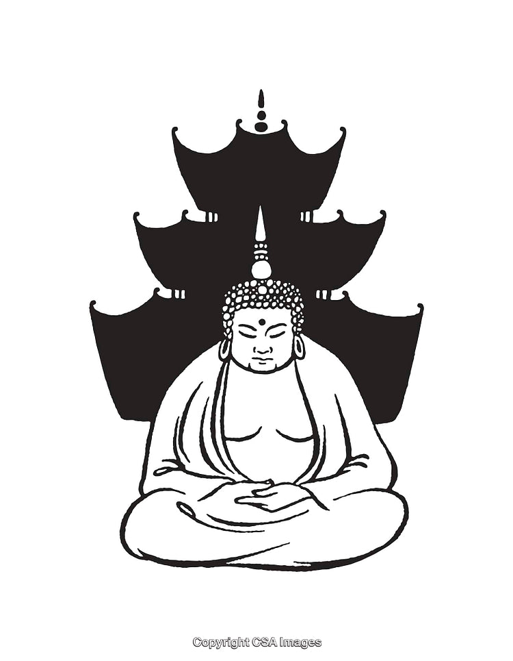 Black and White Buddhist Illustration of Meditating Buddha with Symbolic Background