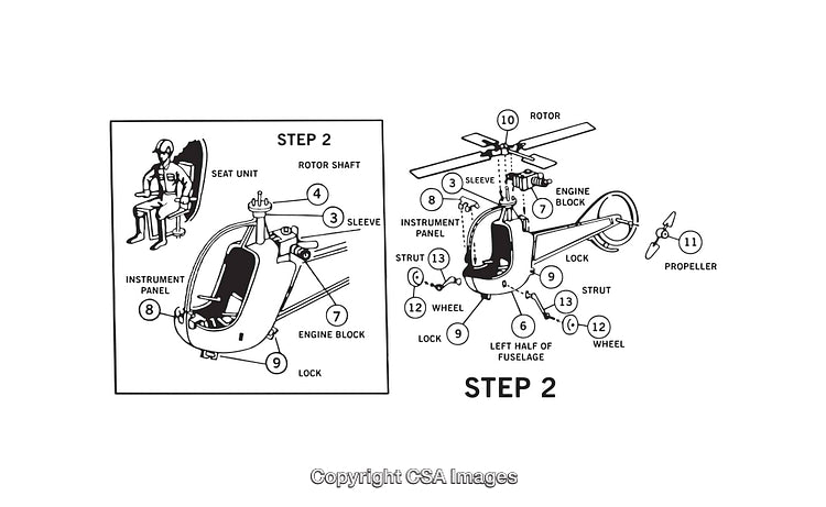 Detailed Black and White Diagram of Helicopter Assembly Components