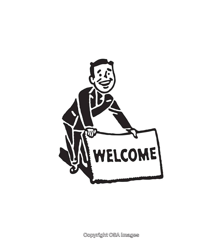 Black and White Retro Style Welcome Sign Illustration with Happy Character