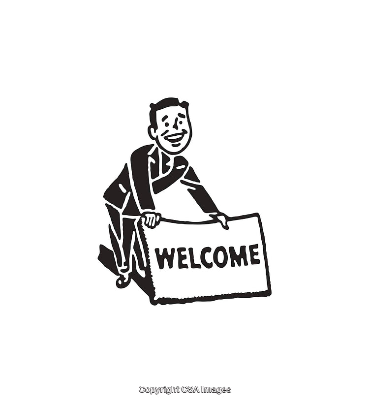 Black and White Retro Style Welcome Sign Illustration with Happy Character