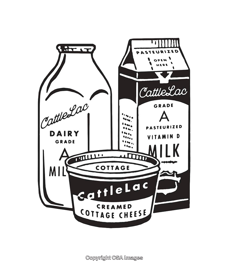 Black and White Line Art of Milk and Cottage Cheese Containers