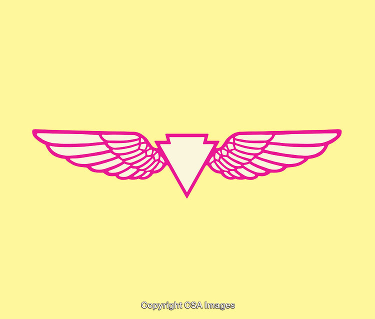 Pink Winged Badge on a Yellow Background in Line Art Style