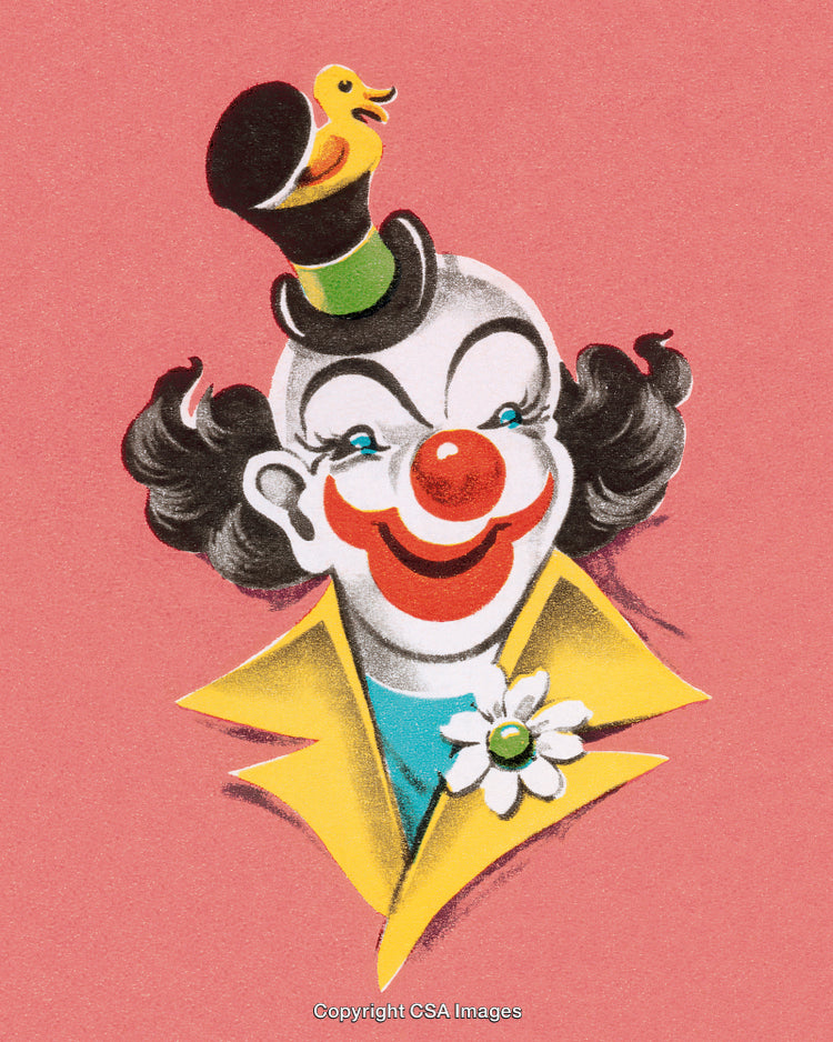 Retro Styled Clown Illustration with Cheerful Expression on Pink Background