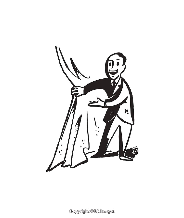 Businessman Revealing a Curtain in Black and White Line Art Style