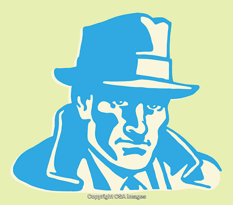 Blue Line Art Illustration of a Person in a Hat and Coat