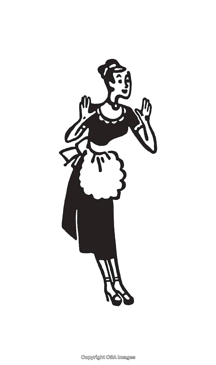 Retro Black and White Illustration of a Surprised Woman in Apron