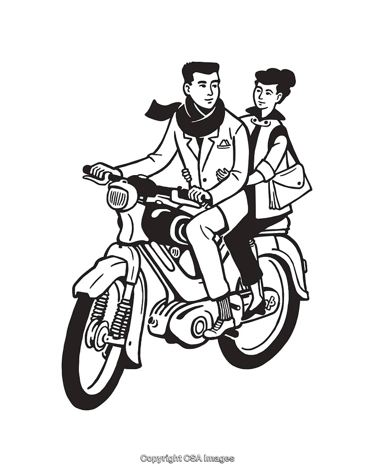 Vintage Line Art Illustration of Couple Riding a Motorcycle