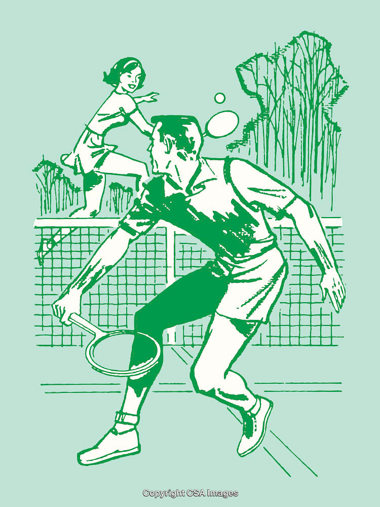 Vintage Tennis Illustration Showing a Dynamic Doubles Match in Progress