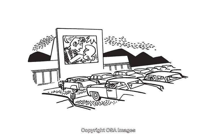 Retro Drive-In Theater Scene in Black and White Line Art Illustration