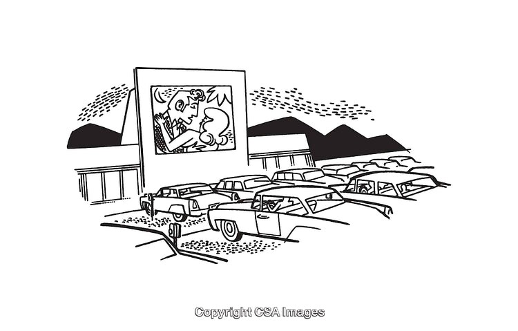 Retro Drive-In Theater Scene in Black and White Line Art Illustration