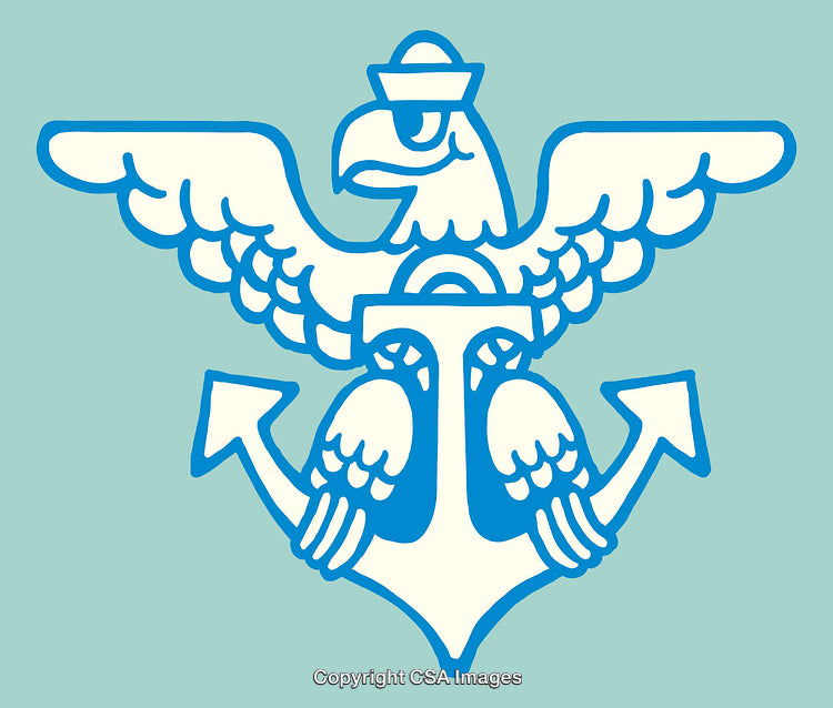 Stylized Eagle and Anchor Navy Symbol in Blue and White Design