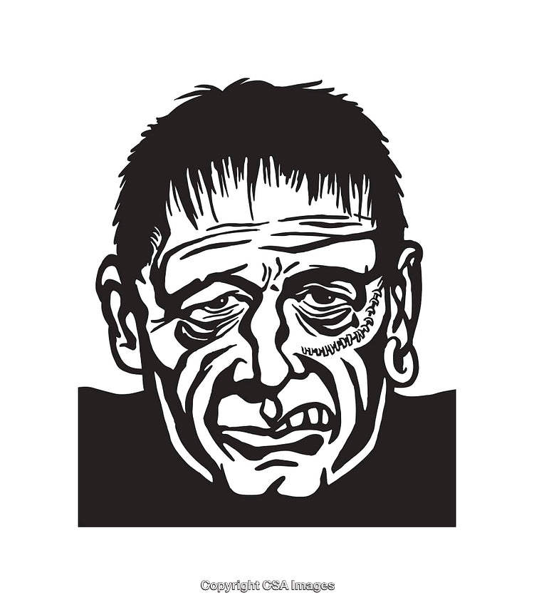 Black and White Line Art Illustration of a Classic Monster Face