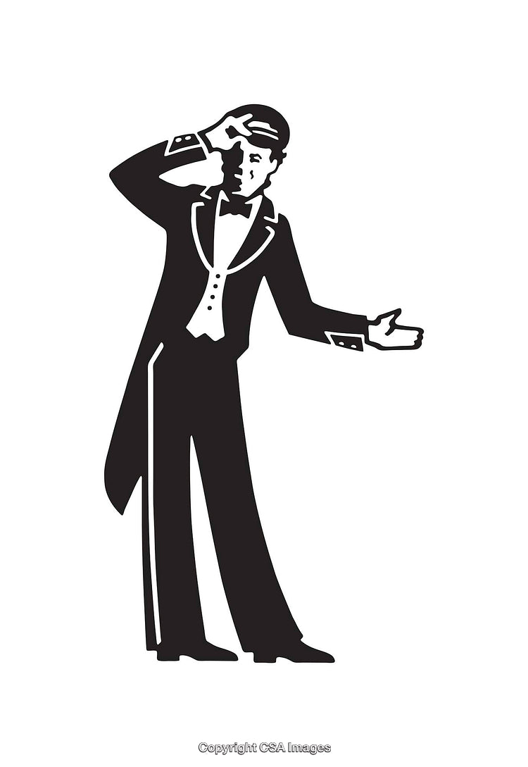 Black And White Illustration of a Classy Gentleman in Tuxedo Gesturing Elegantly