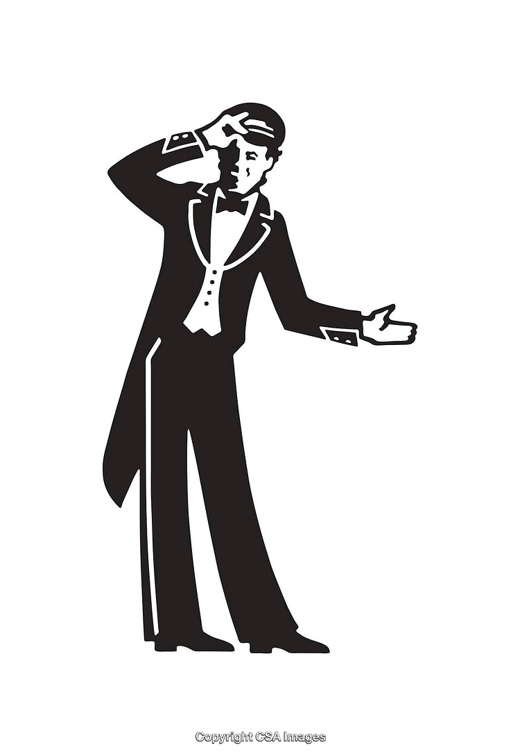 Black And White Illustration of a Classy Gentleman in Tuxedo Gesturing Elegantly