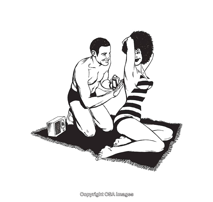 Black and White Line Art of a Couple Relaxing on a Beach Blanket