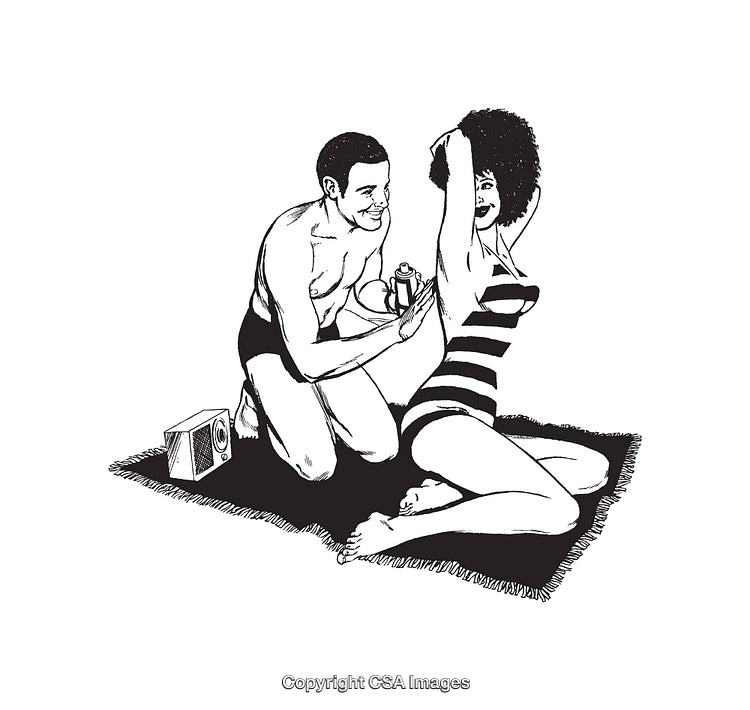 Black and White Line Art of a Couple Relaxing on a Beach Blanket