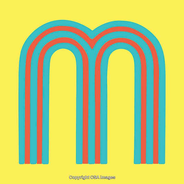 Vibrant Letter M Design in Blue and Red on Yellow Background