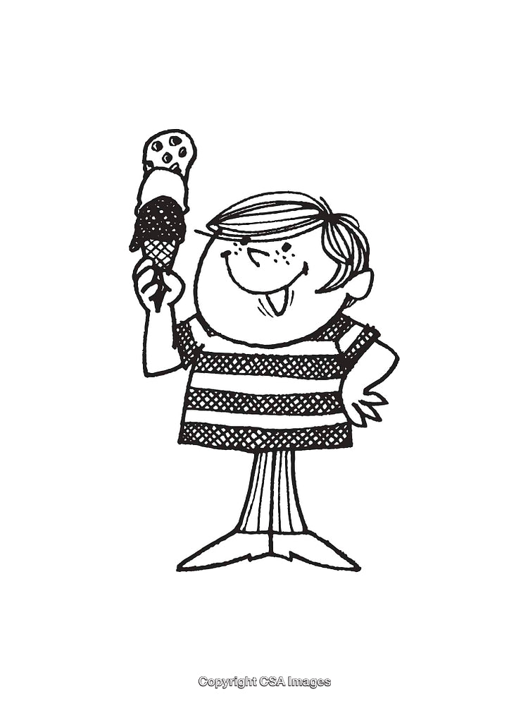 Cheerful Cartoon Child Enjoying a Treat in Black and White Artwork