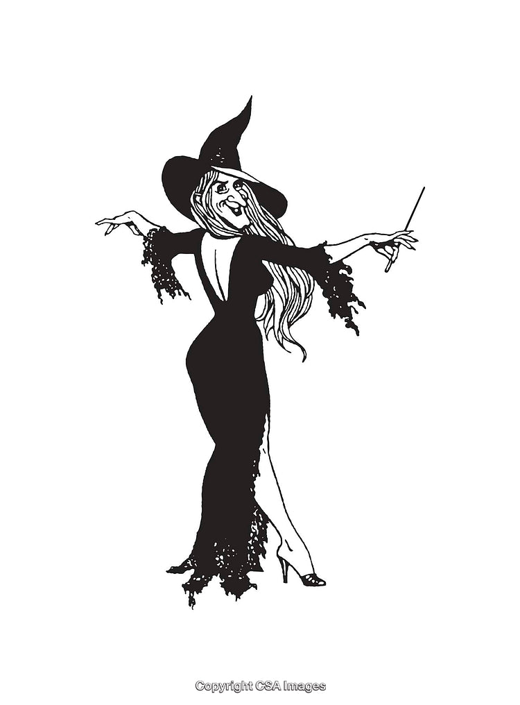Elegant Witch Illustration with Hat and Wand in Line Art Style