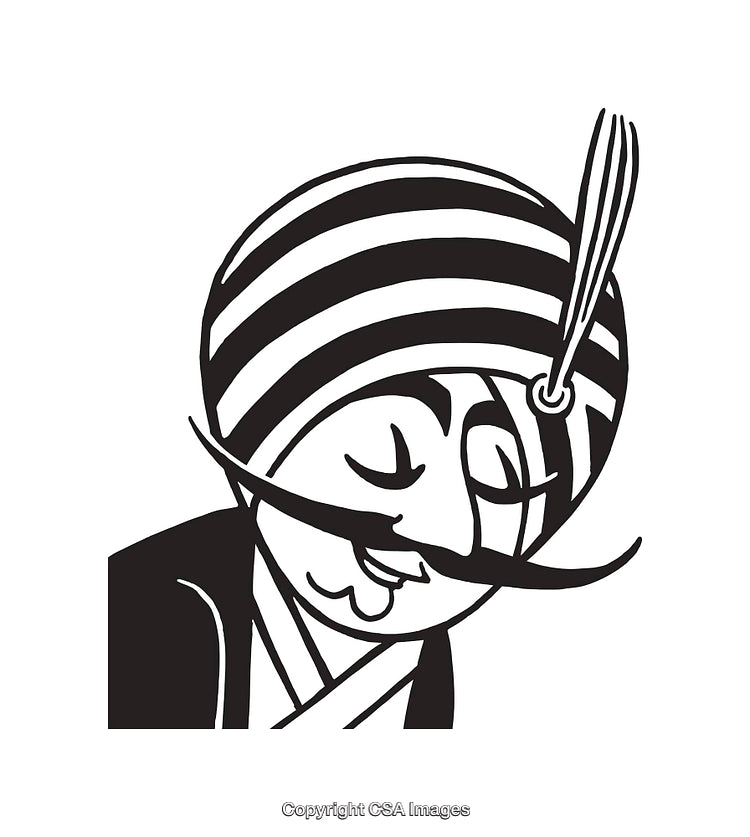 Stylized Black and White Illustration of a Man Wearing a Turban