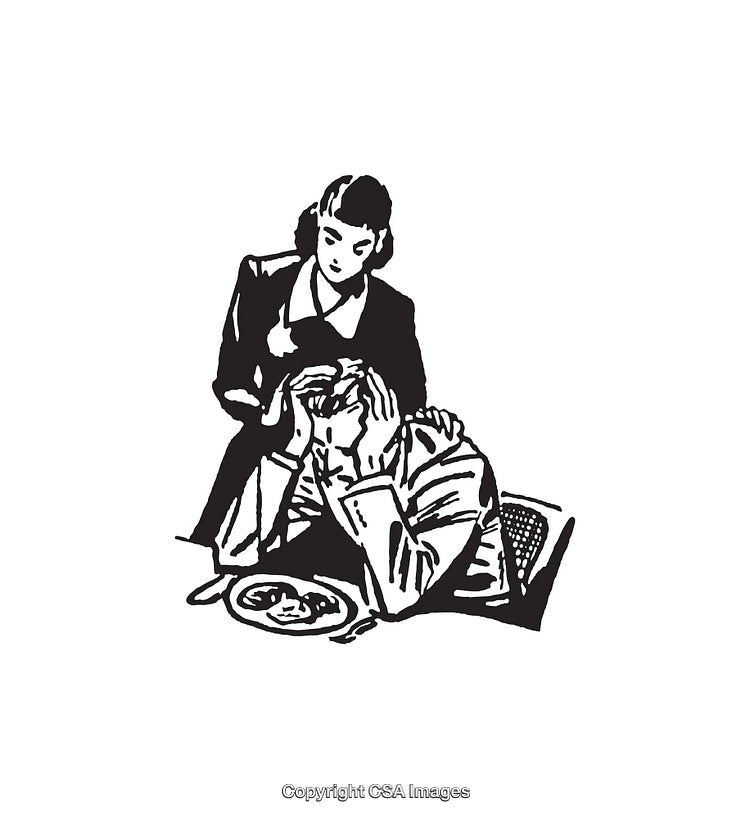 Vintage Black and White Illustration of Concerned Woman Assisting Distressed Man